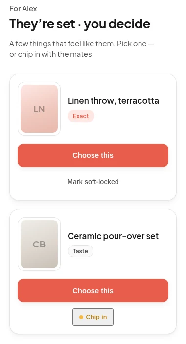 Giver view: gift cards with “Choose this” and “Chip in” buttons