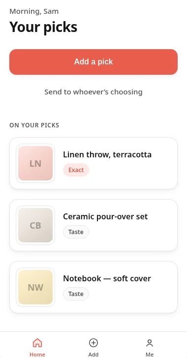 Meantvo app screen: “Your picks” list with an Add a pick button and three gifts shown as framed thumbnails